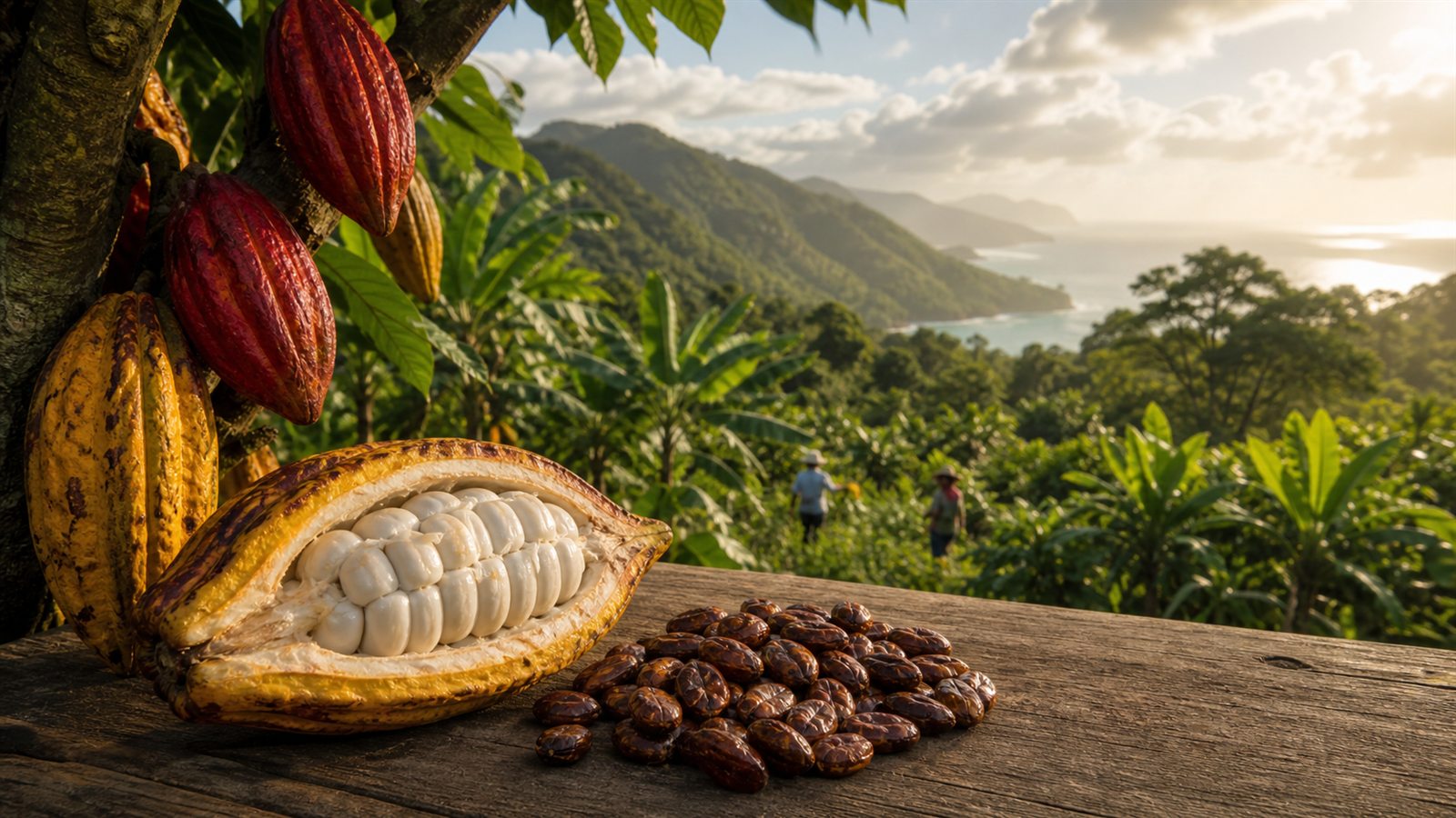 Mazorca y granos de cacao en un paisaje costero venezolano