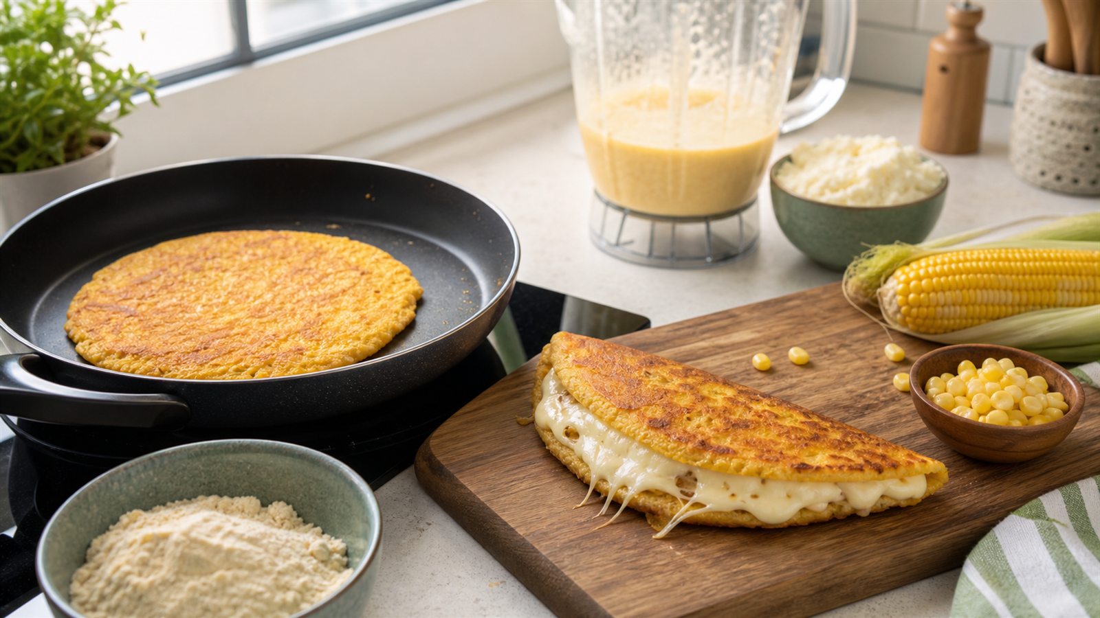 Cachapa venezolana con queso preparada en una cocina casera